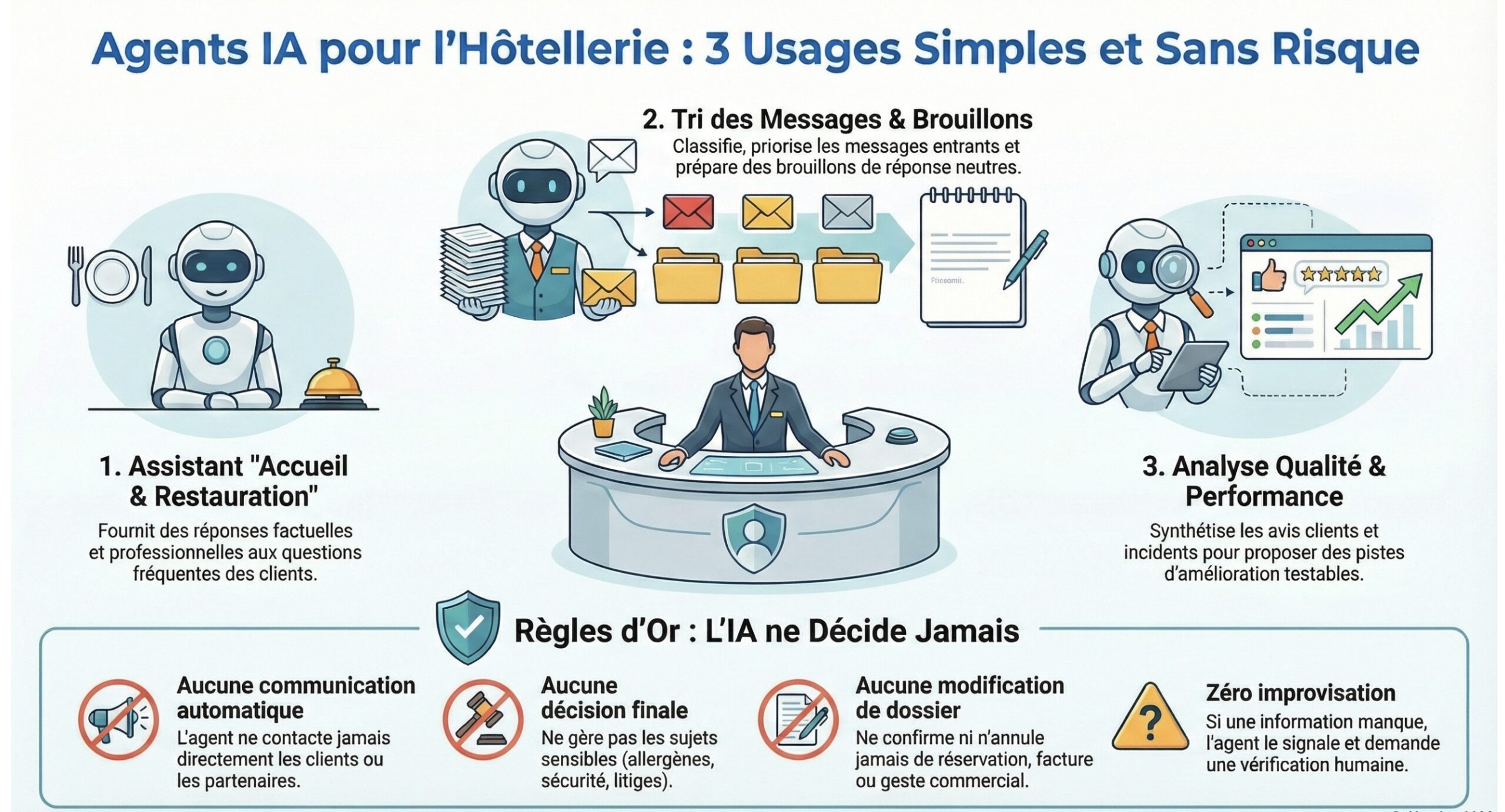 Agents IA pour l’hôtellerie : 3 usages simples et sans risque (accueil & restauration, tri des messages & brouillons, analyse qualité & performance) + règles d’or.